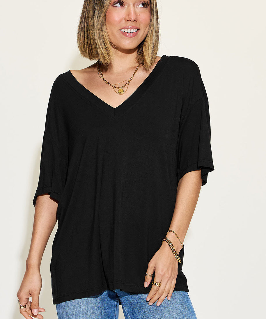 Basic Bae Full Size Bamboo V-Neck Drop Shoulder T-Shirt