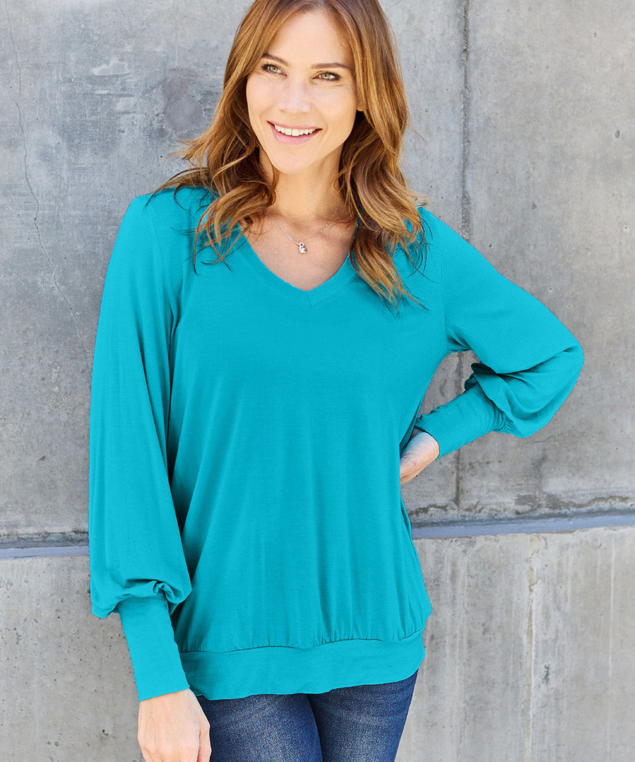 Basic Bae Full Size V-Neck Lantern Sleeve Top