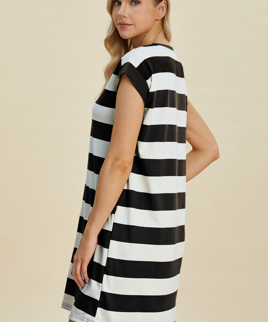 Basic Bae Full Size Striped Round Neck Cap Sleeve Mini Dress