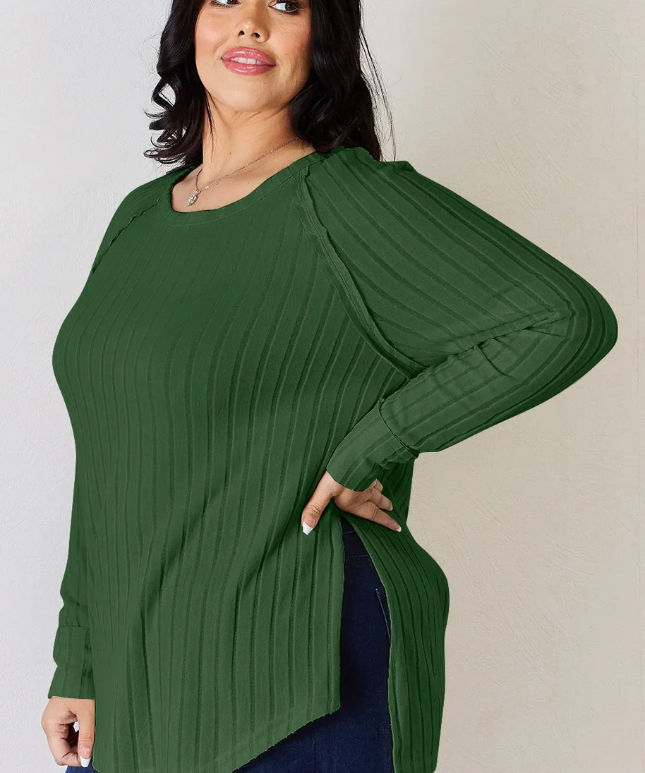 Basic Bae Full Size Ribbed Round Neck Slit T-Shirt