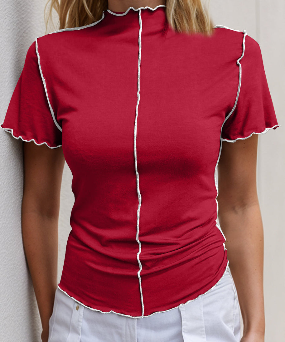 Basic Bae Contrast Trim Mock Neck Short Sleeve T-Shirt