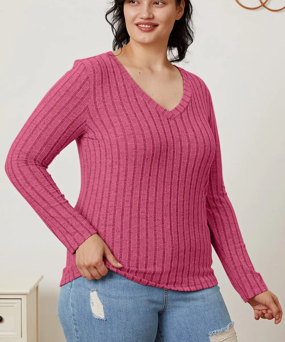 Basic Bae Full Size Ribbed V-Neck Long Sleeve T-Shirt