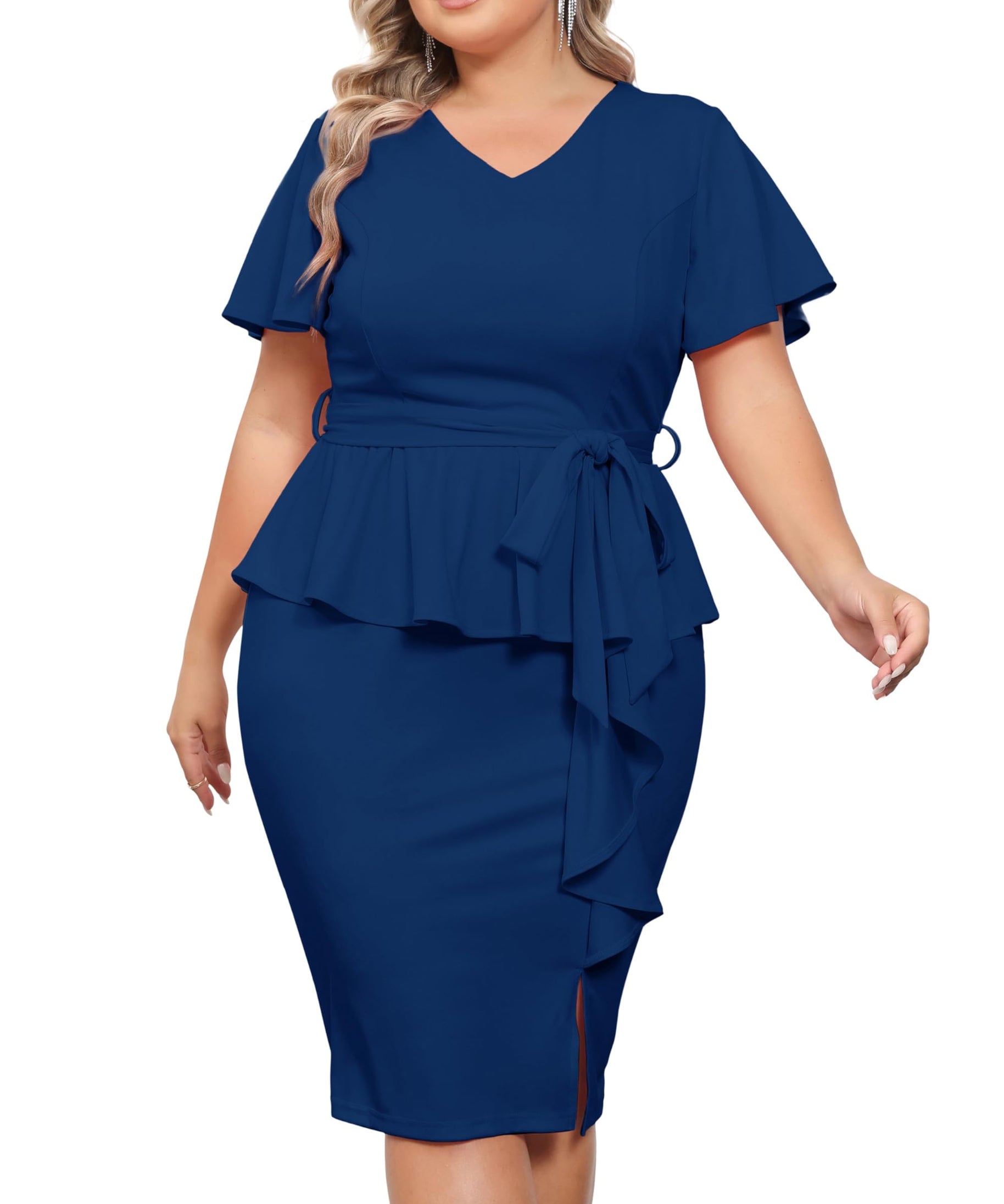 Hanna Nikole Women Plus Size Wrap Dress Peplum Sleeves Dress Formal Work Wrap Dress Cocktail Ruched Dress Navy Blue 20W