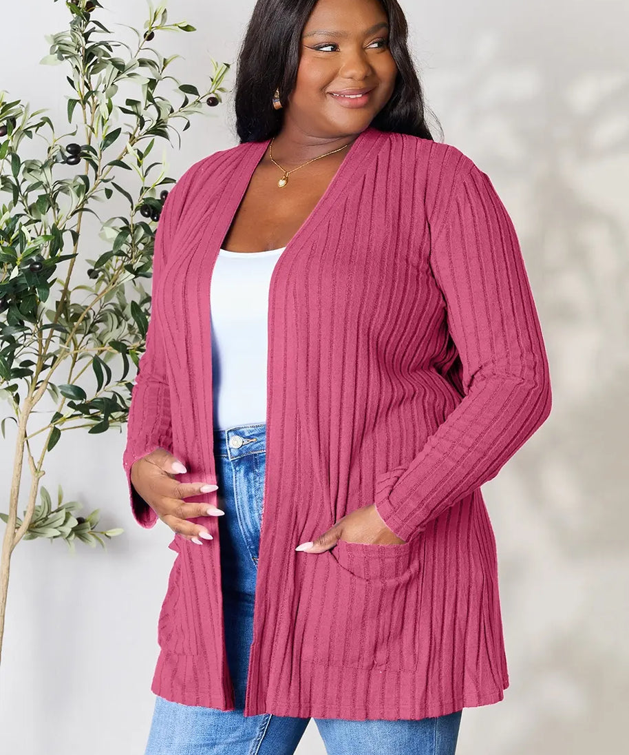 Basic Bae Full Size Ribbed Open Front Cardigan with Pockets