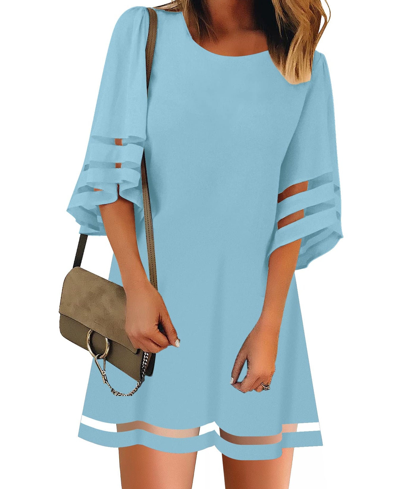 LookbookStore Women Casual Summer Tunic Dress Crewneck 3/4 Sleeve Dress for Women Bell Sleeve Dress for Women Loose Tunic Dress Air Blue Light Blue Wedding Guest Dresses for Women Size M Size 8 10