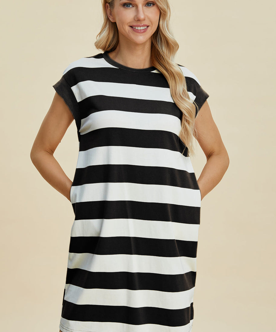 Basic Bae Full Size Striped Round Neck Cap Sleeve Mini Dress