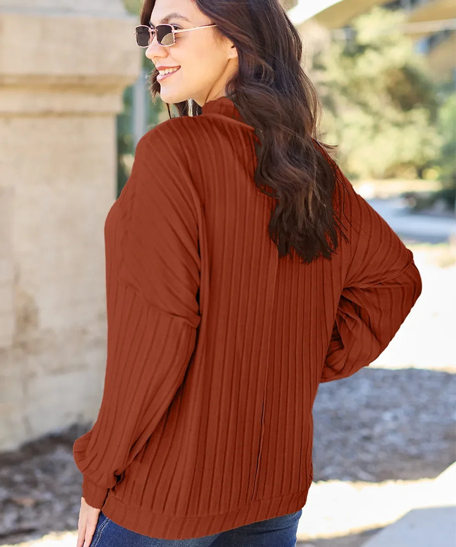 Basic Bae Full Size Ribbed Exposed Seam Mock Neck Knit Top