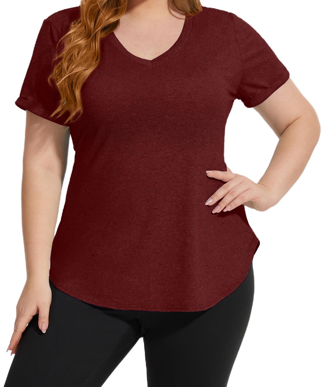 FOREYOND Plus Size Workout Tops for Women T Shirts Loose Fit V Neck Clothing Yoga Casual Summer Red