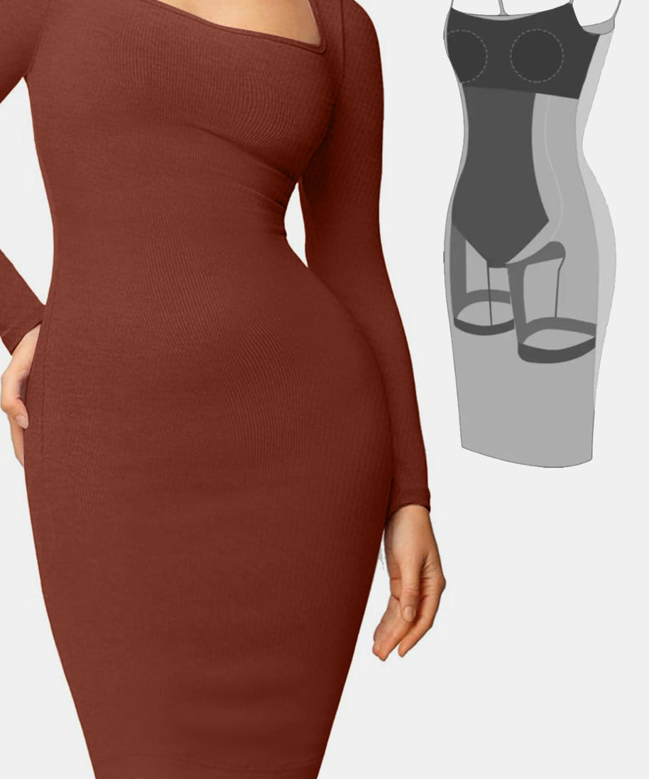 Basic Bae Full Size Built-In Shapewear Square Neck Long Sleeve Dress