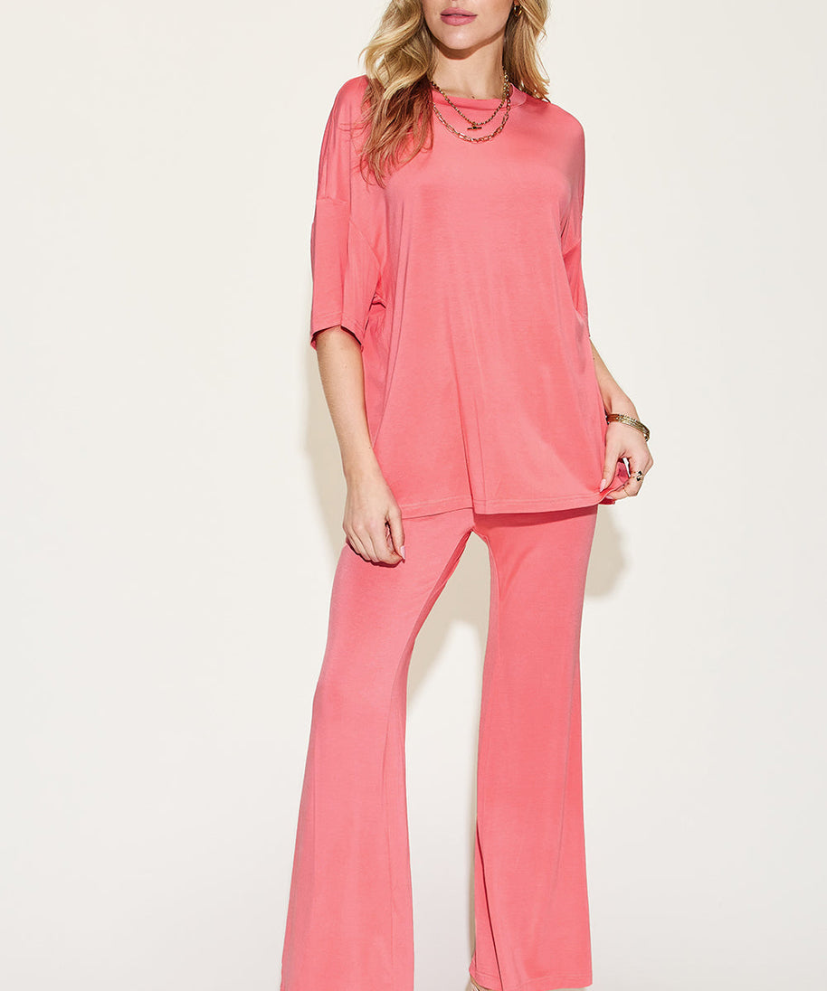 Basic Bae Full Size Bamboo Drop Shoulder T-Shirt and Flare Pants Set
