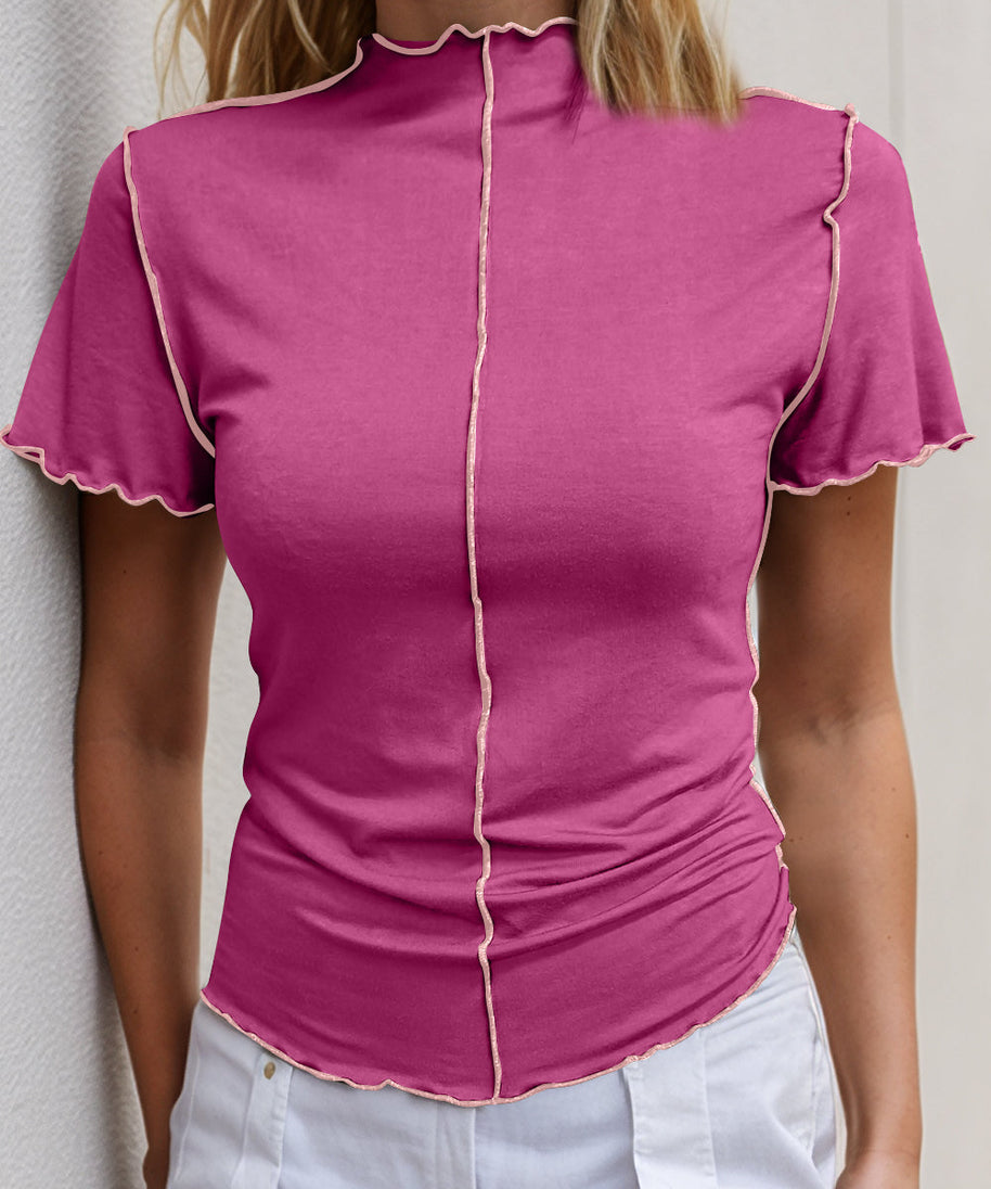 Basic Bae Contrast Trim Mock Neck Short Sleeve T-Shirt