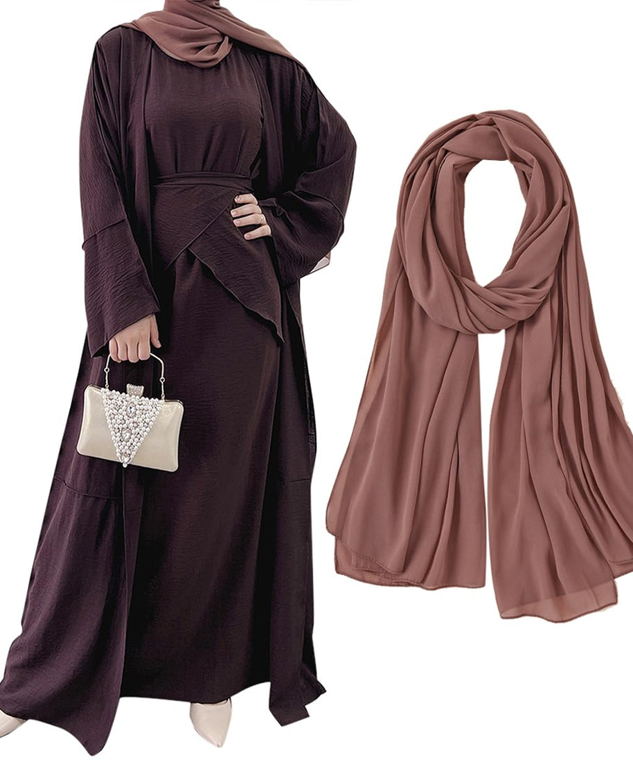 Womens Muslim Abaya Dress Three Pieces Set Islamic Prayer Robe Open Front Flowy Maxi Cardigan Dress Dark Brown