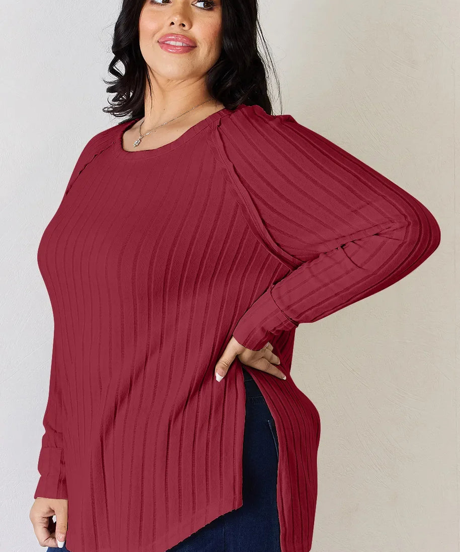 Basic Bae Full Size Ribbed Round Neck Slit T-Shirt