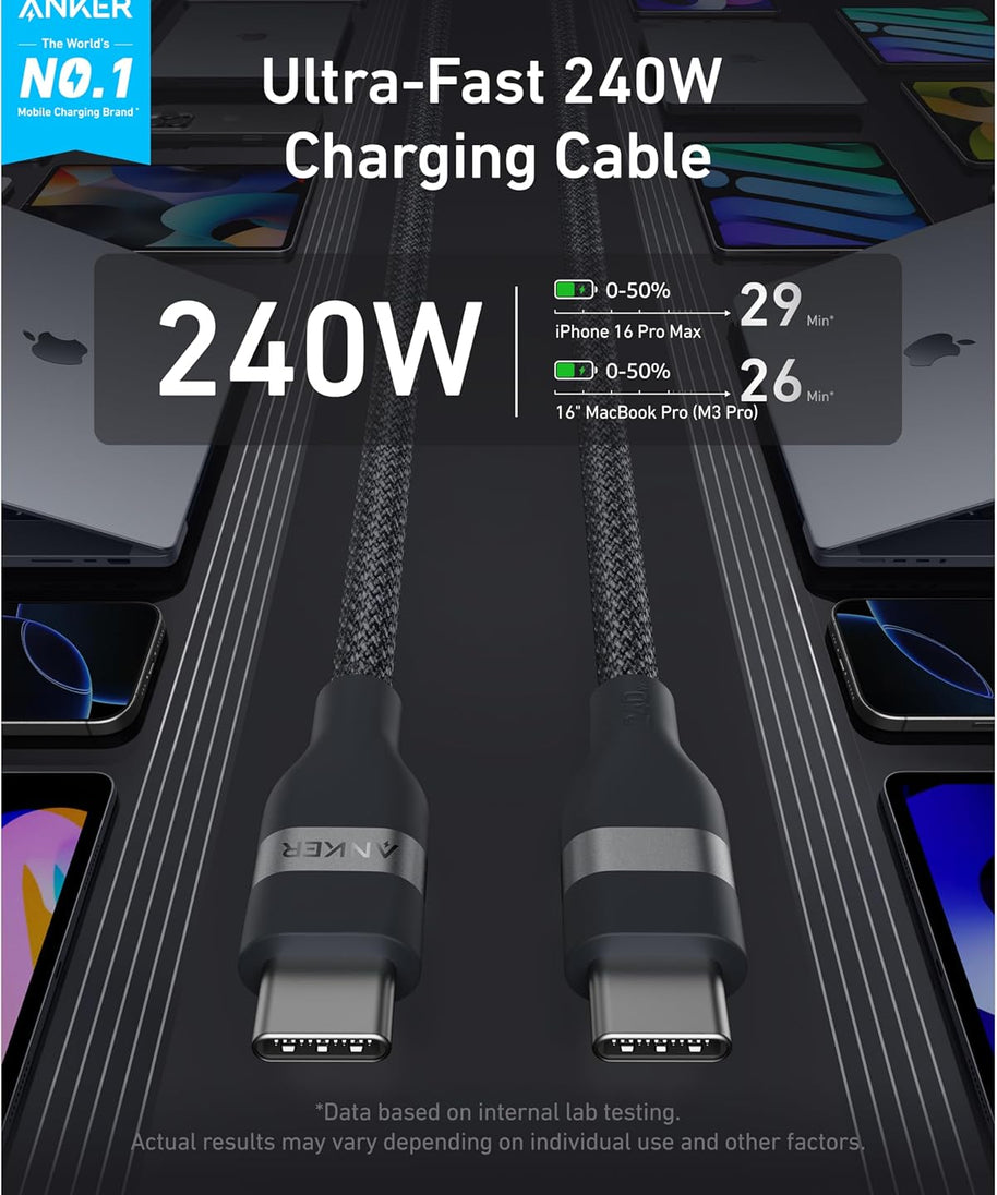 Anker USB-C to USB-C Cable (3 ft / 6 ft, 240W, Upcycled-Braided)