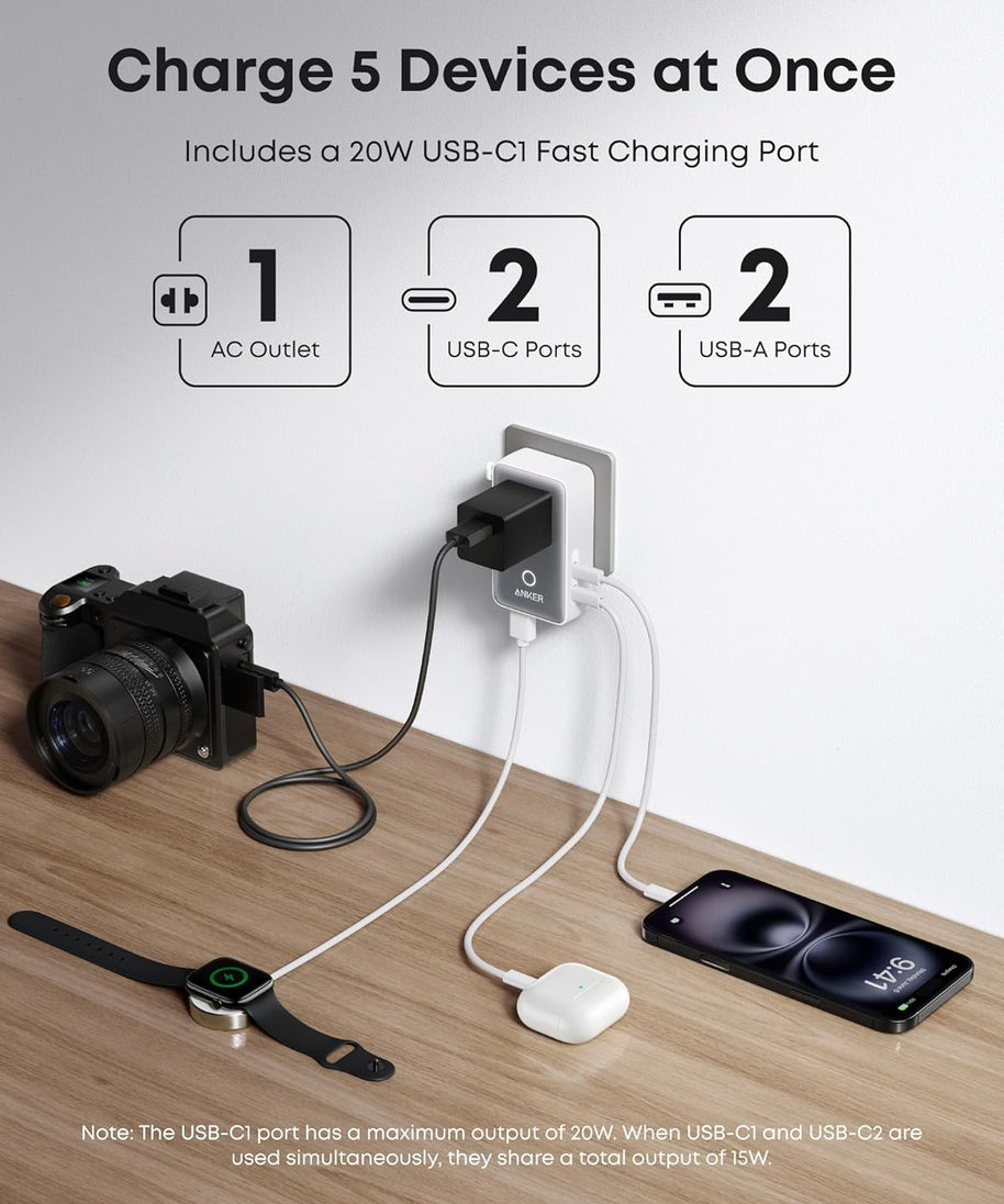 Anker Nano Travel Adapter (5-in-1, 20W, 1-Pack)