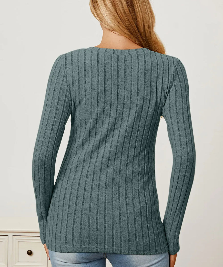 Basic Bae Full Size Ribbed V-Neck Long Sleeve T-Shirt