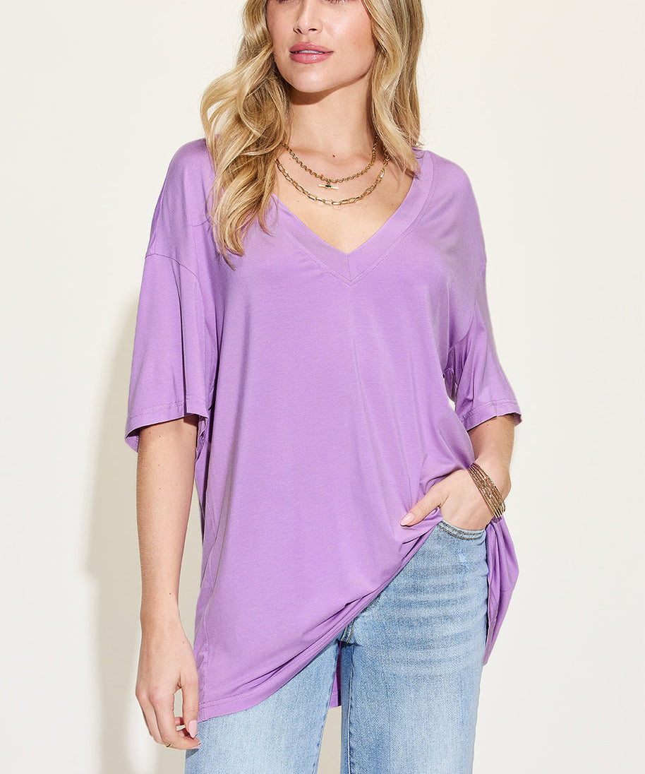 Basic Bae Full Size Bamboo V-Neck Drop Shoulder T-Shirt