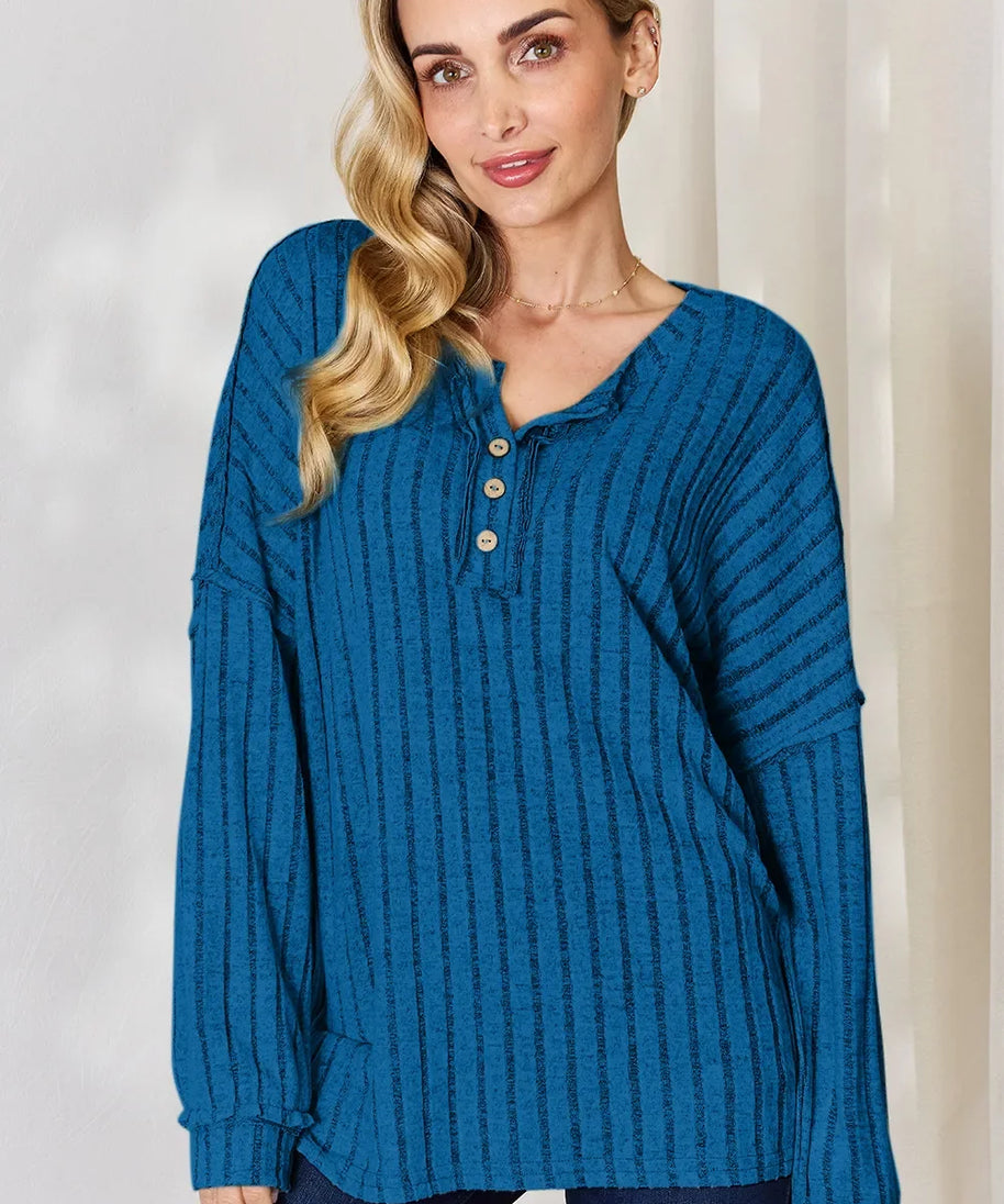 Basic Bae Full Size Ribbed Half Button Long Sleeve T-Shirt