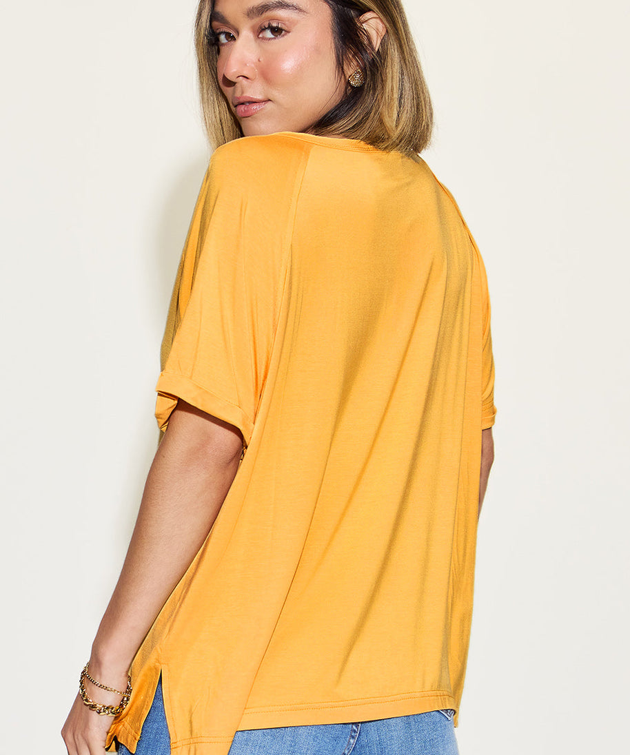 Basic Bae Full Size Bamboo Slit V-Neck Short Sleeve T-Shirt
