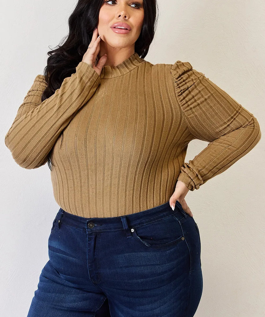 Basic Bae Full Size Ribbed Mock Neck Puff Sleeve T-Shirt