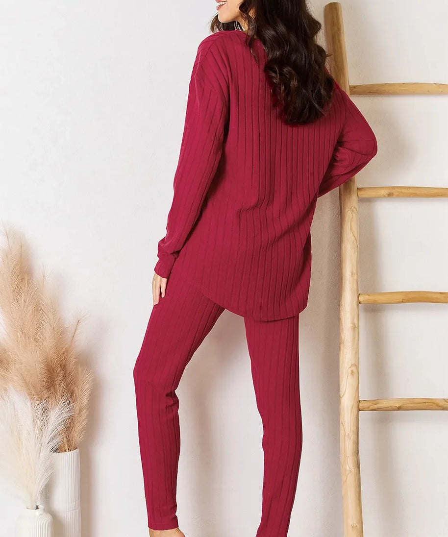Basic Bae Full Size Ribbed Round Neck High-Low Slit Top and Pants Set