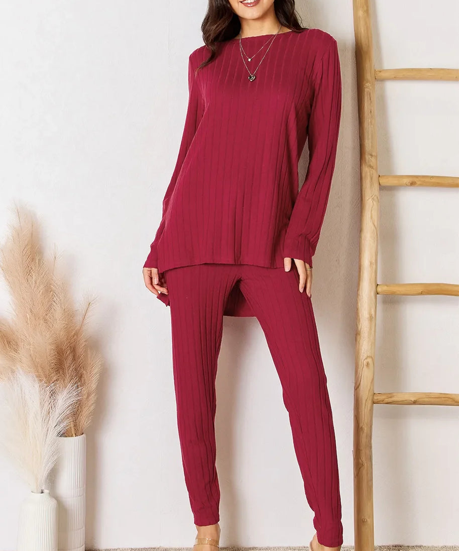 Basic Bae Full Size Ribbed Round Neck High-Low Slit Top and Pants Set