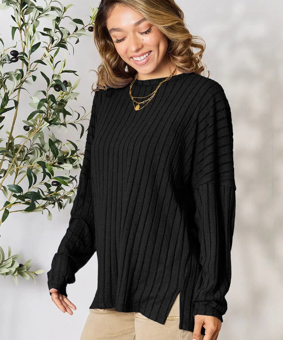 Basic Bae Full Size Ribbed Round Neck Slit Knit Top