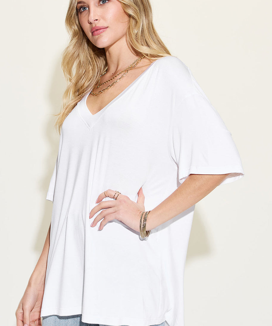 Basic Bae Full Size Bamboo V-Neck Drop Shoulder T-Shirt
