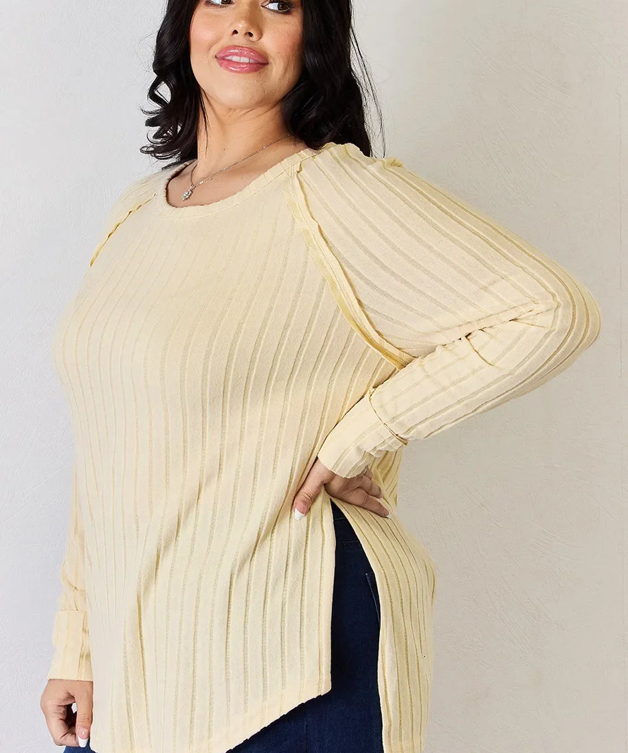 Basic Bae Full Size Ribbed Round Neck Slit T-Shirt