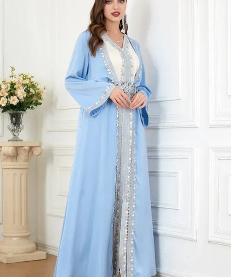 Morocco Muslim Abaya Dress 2 Piece Set with Embroidery