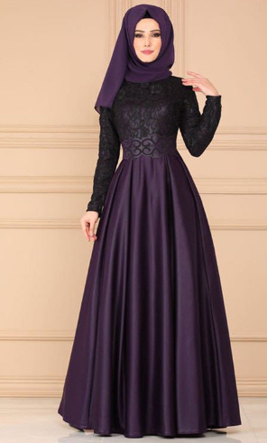 Stylish Color Block Muslim Long Dress with Lace Sleeves