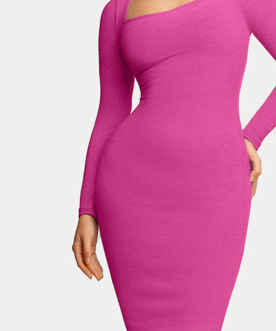 Basic Bae Full Size Built-In Shapewear Square Neck Long Sleeve Dress