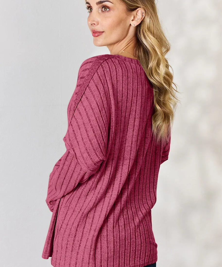 Basic Bae Full Size Ribbed Half Button Long Sleeve T-Shirt
