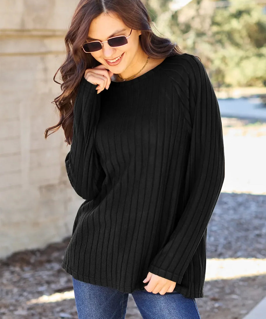 Basic Bae Full Size Ribbed Round Neck Long Sleeve Knit Top