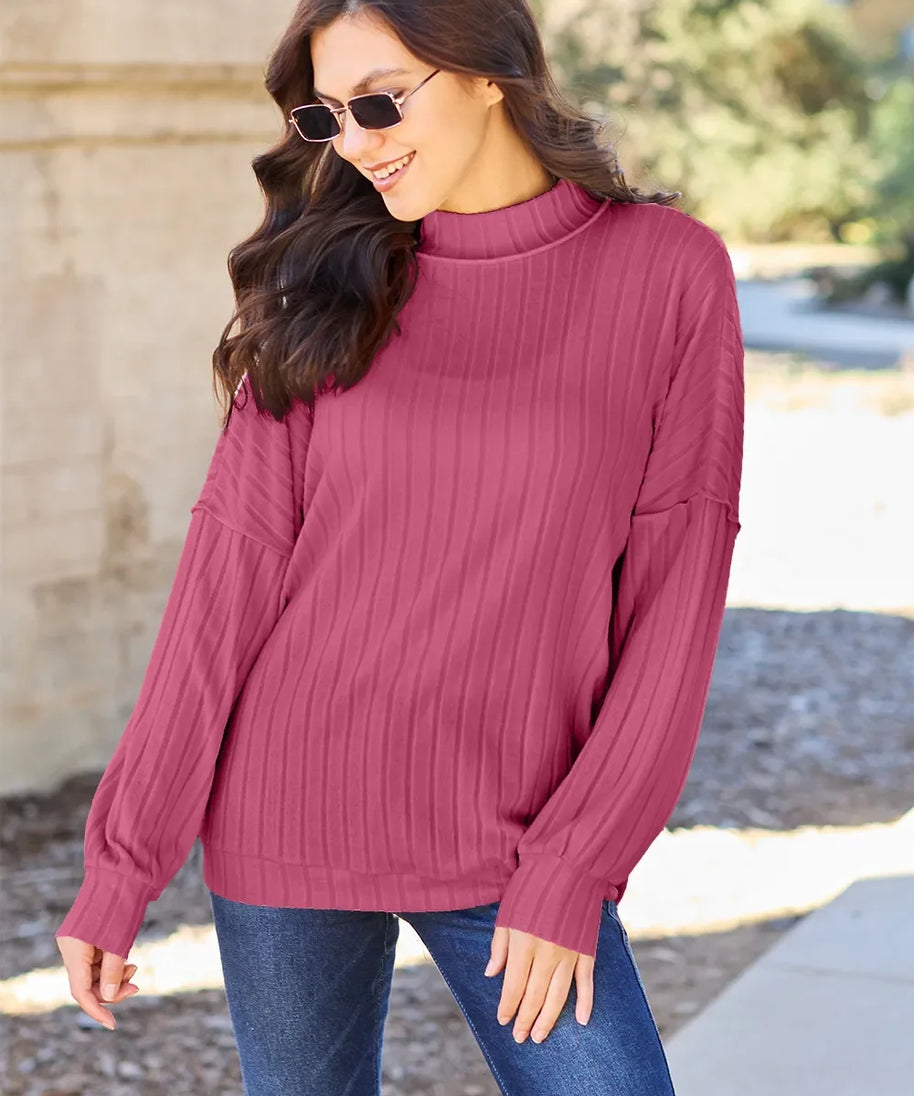 Basic Bae Full Size Ribbed Exposed Seam Mock Neck Knit Top