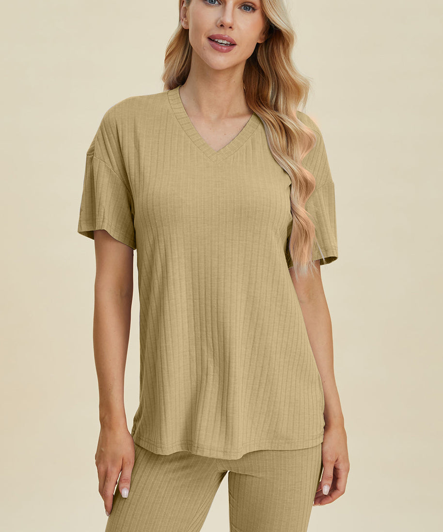 Basic Bae Full Size Ribbed V-Neck Short Sleeve Top and Shorts Set
