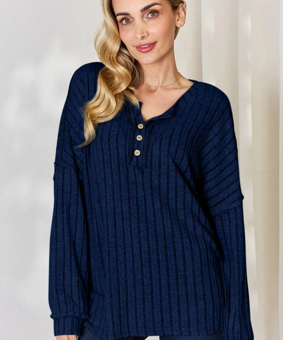 Basic Bae Full Size Ribbed Half Button Long Sleeve T-Shirt