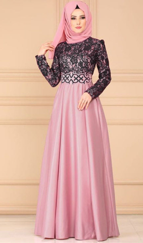 Stylish Color Block Muslim Long Dress with Lace Sleeves