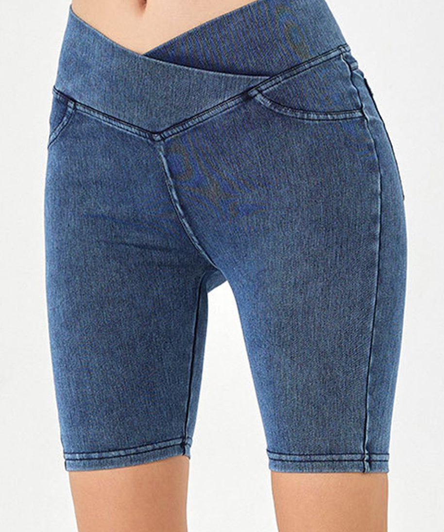 Basic Bae Asymmetrical Waist Denim Shorts with Pockets