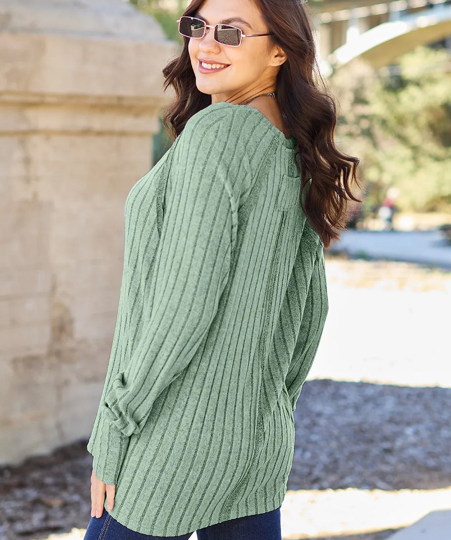 Basic Bae Full Size Ribbed Round Neck Long Sleeve Knit Top