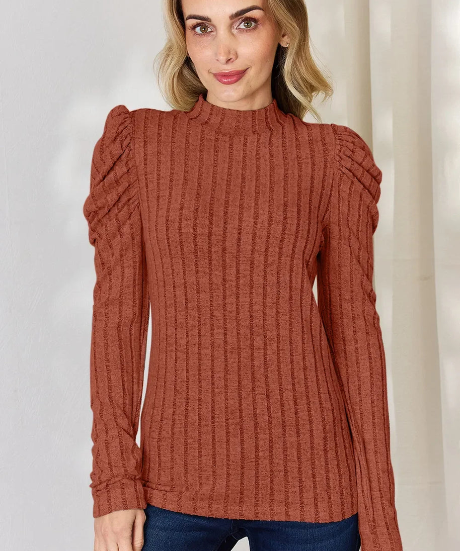 Basic Bae Full Size Ribbed Mock Neck Puff Sleeve T-Shirt