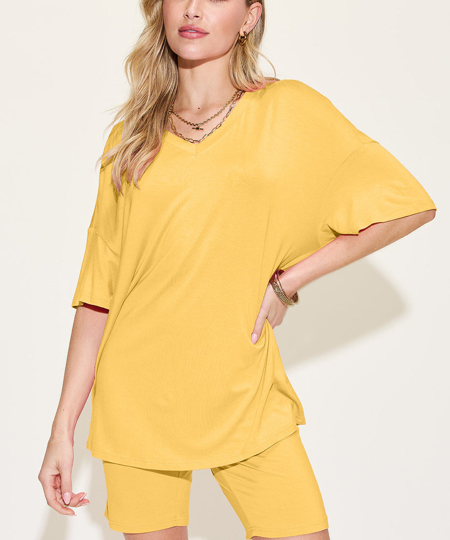 Basic Bae Bamboo Full Size  V-Neck Drop Shoulder T-Shirt and Shorts Set