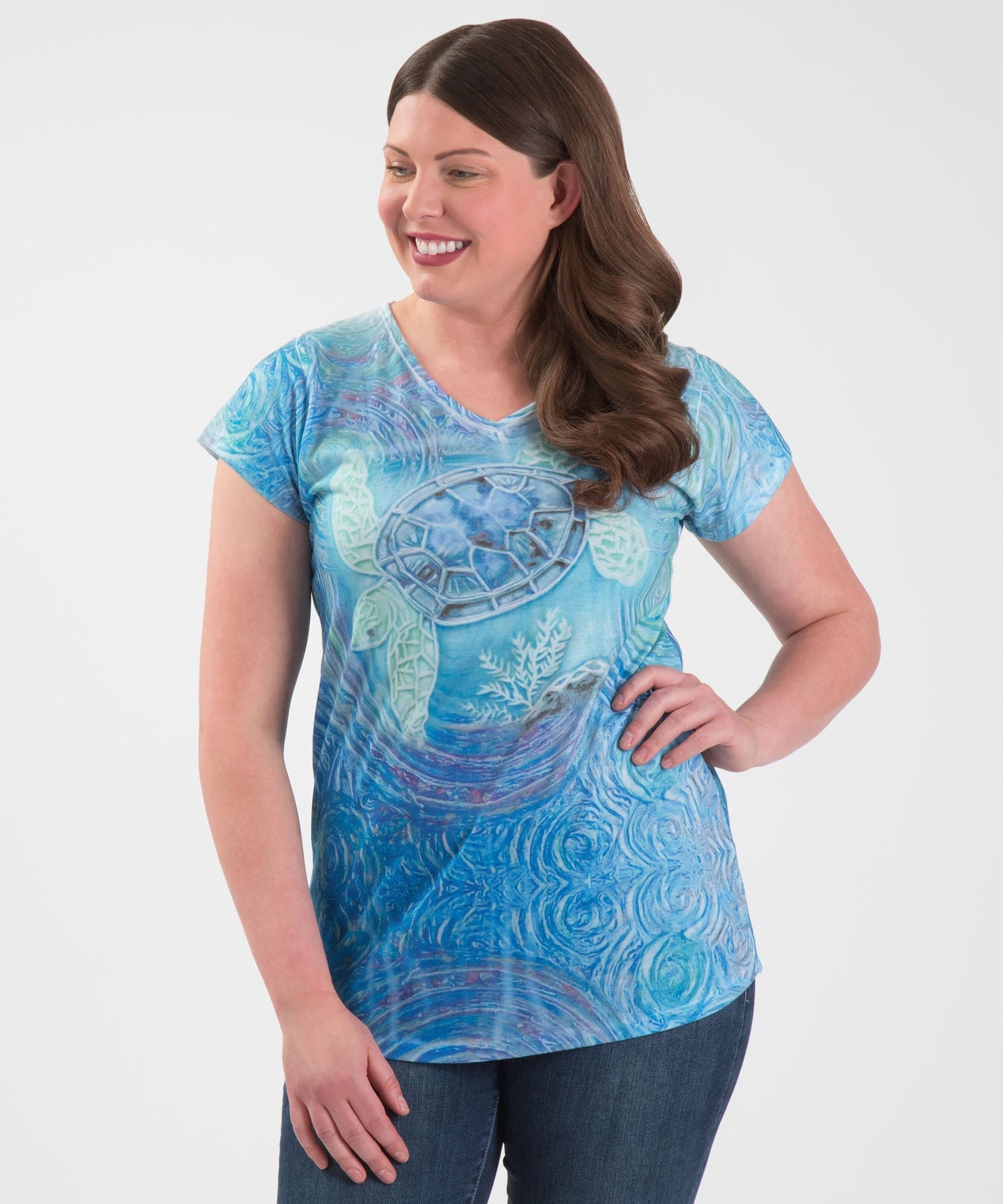 Swirly Turtle Sublimation V-Neck Tee
