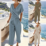Women's 2-Piece V-Neck Suit Set – Irregular Pleated Top & Cropped Pants Summer Office Outfit