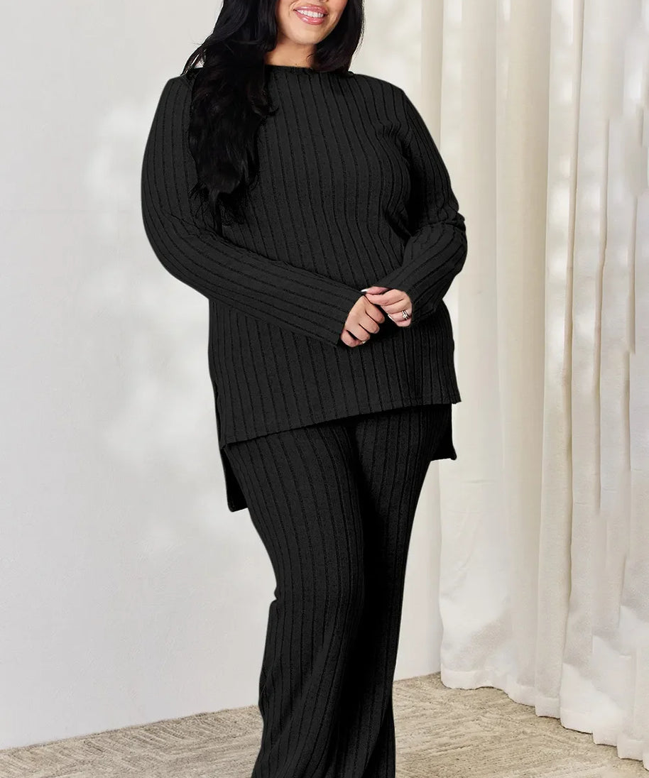 Basic Bae Full Size Ribbed High-Low Top and Wide Leg Pants Set
