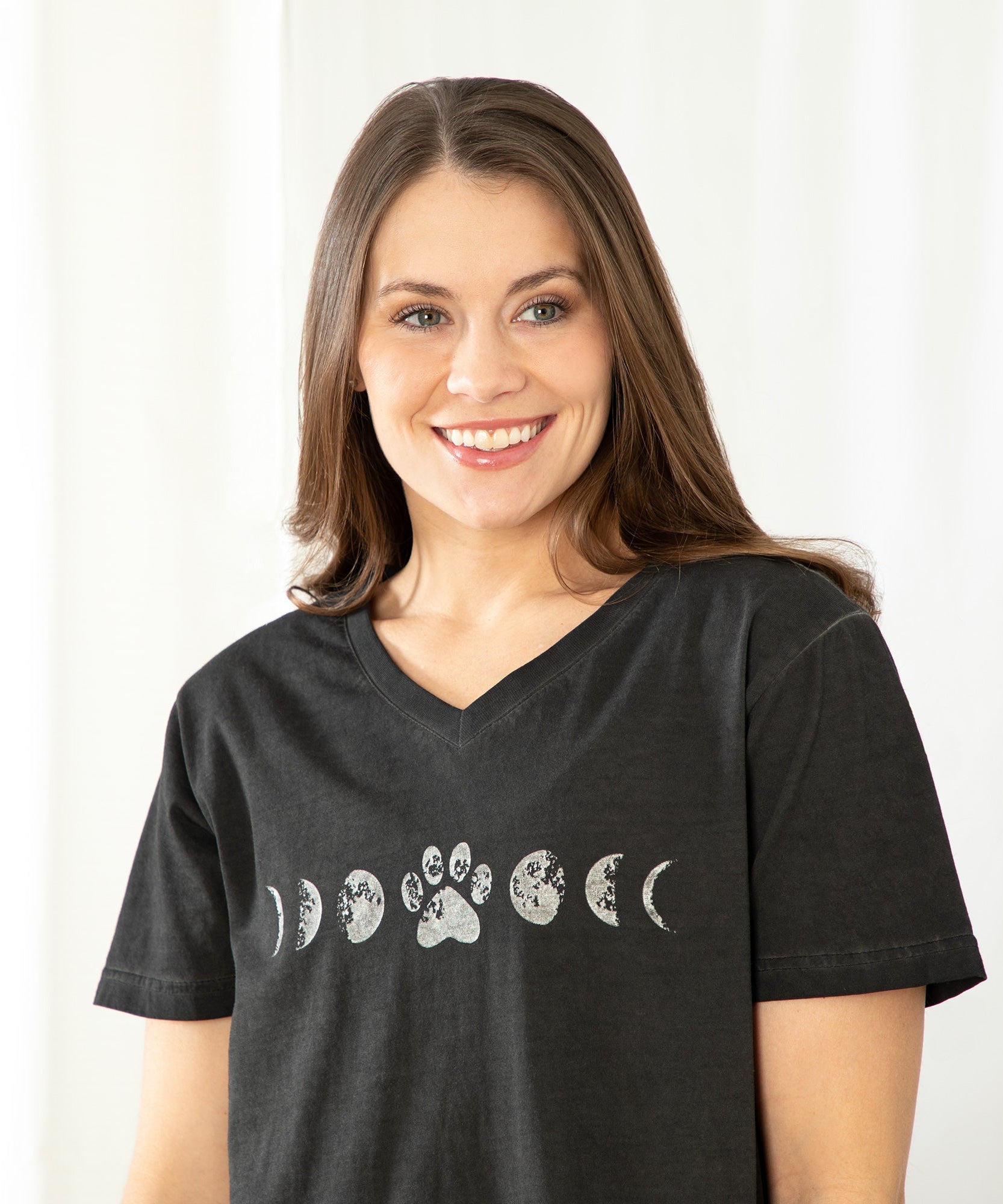 Paw Print Moon Acid Wash V-Neck Tee