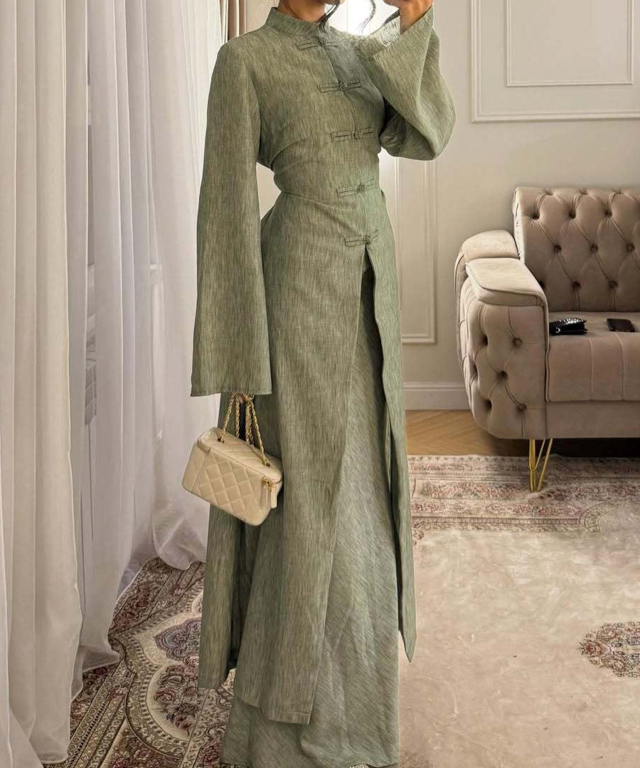 Chinese Frog Button Stand Collar Top & Wide-Leg Maxi Skirt Co-ord Set(MS483)