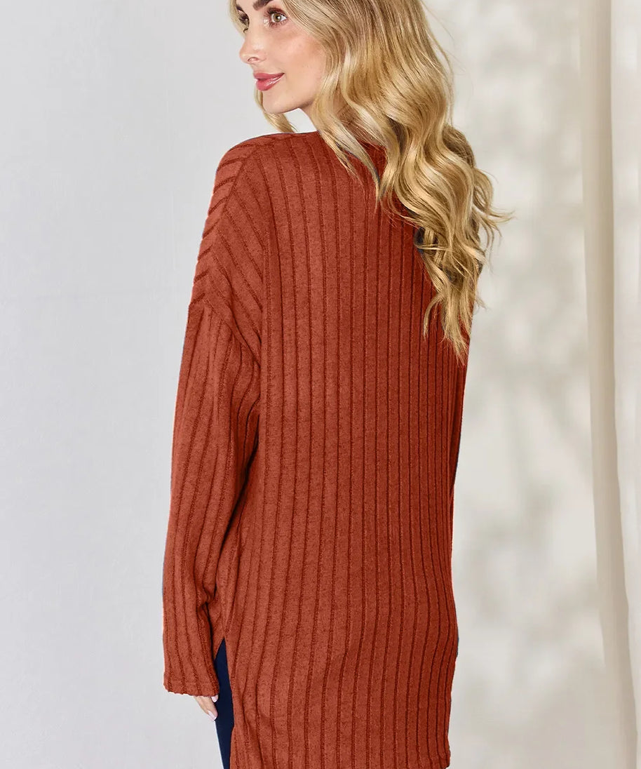 Basic Bae Full Size Ribbed Half Button Long Sleeve High-Low T-Shirt