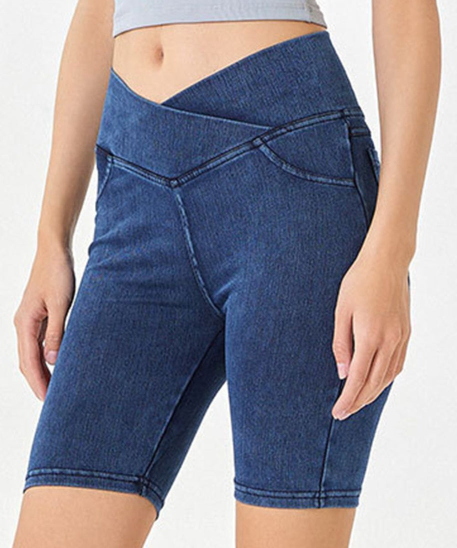 Basic Bae Asymmetrical Waist Denim Shorts with Pockets