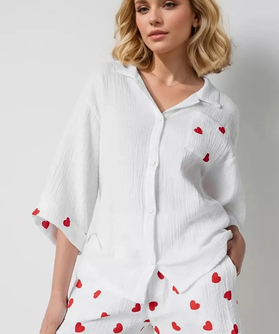 Basic Bae Heart Collared Neck Button Down Top and Shorts Set